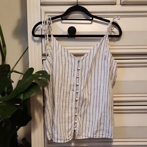 Abercrombie & Fitch Linen White Tank with Navy Pinstripes and Tie Shoulders